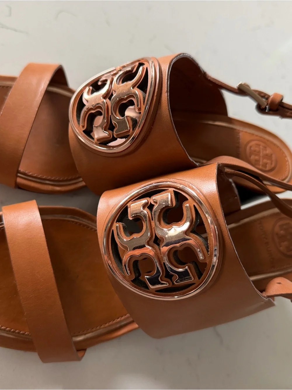 Tory Burch Tan Leather Logo Slide Sandals